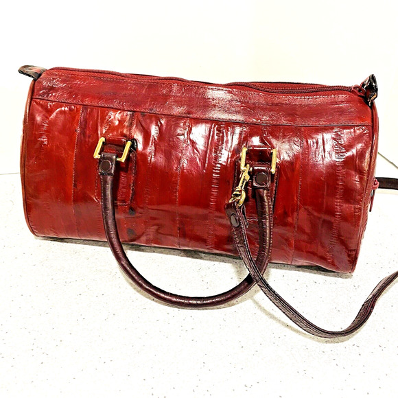 Vintage Red Eel Skin Leather Double Handle Satchel & Shoulderbag Purse Korea - Picture 3 of 12